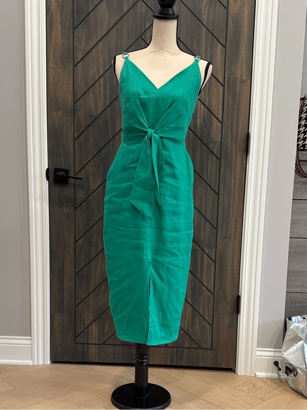 Reiss Green Linen Tie-Waist Midi Dress